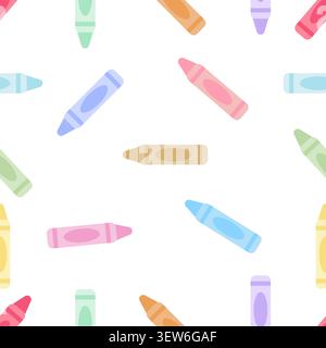 Ein wunderschöner, nahtloser Hintergrund mit farbigen Wachsmalstiften in Pastellfarben, die auf weiß verstreut sind. Helles und verspieltes, sich wiederholendes Muster, perfekt für Textilien für Kinder, Stock Vektor
