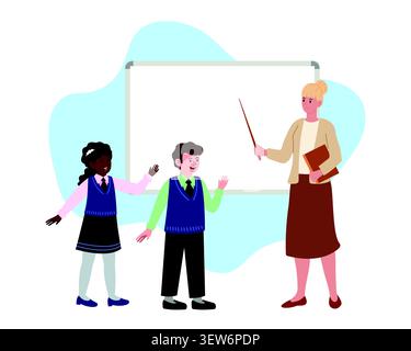 Lehrer mit Zeiger und Kinder in der Nähe des Whiteboards. Grundschüler in Westen. Für Unterricht, Bildung, Schulunterricht. Stock Vektor