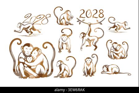 Ein großer Satz brauner Affen. Happy New Year of the Monkey 2028 Grußkarte für das Jahr des Affen nach chinesischem Kalender. Handgezeichnet Stock Vektor