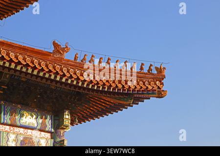 Eine Nahaufnahme der verzierten Traufe eines traditionellen chinesischen kaiserlichen Gebäudes, wahrscheinlich aus Pekings Verbotener Stadt. Das gekrümmte rote Dach i Stockfoto