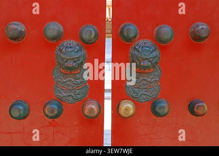 Eine Nahaufnahme eines traditionellen chinesischen roten Holztors mit kunstvoll verzierten Bronze-Löwenkopf-Türklopfern und alten Metallknöpfen, die den klassischen imperialen Stil zeigen Stockfoto