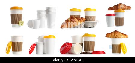 Einweg-Kaffeetassen mit Croissants und Deckeln auf weißem Hintergrund Stockfoto