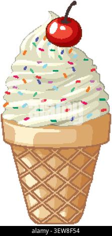 Vektor-Illustration von Vanilleweiche Servieren in einem Waffelkegel mit bunten Streuseln Stock Vektor