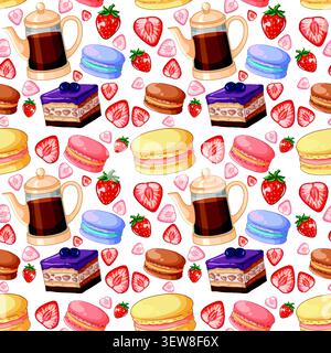 Flache Vektor-Illustration von Kaffeekannen, Makronen, Kuchenscheiben und Erdbeeren auf weißem Hintergrund. Stock Vektor