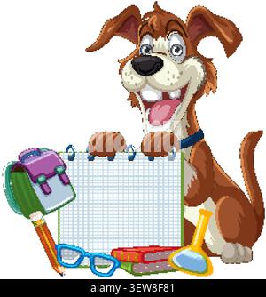 Fröhliche braune Hundefigur hält leeres Raster-Papier-Notizbuch, umgeben von farbenfrohen Schulsachen Stock Vektor