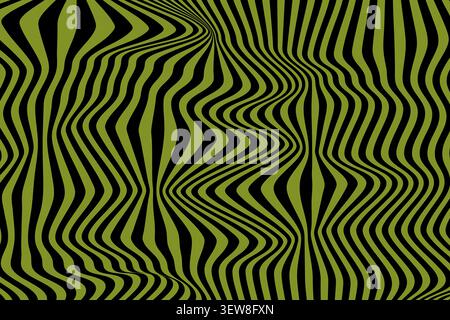 Abstrakter Hintergrund mit verzerrten, welligen vertikalen Streifen in Dunkelgrün und Schwarz. Dieses psychedelische und hypnotische geometrische Muster erzeugt einen Retr Stockfoto