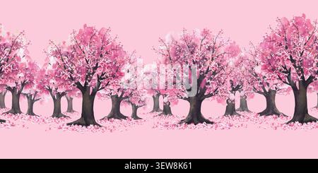 Wasserfarben Kirschblüten Bäume nahtlose Grenze. Blühender Frühlings-Sakura-Garten mit Blumen und fallenden Blütenblättern. Handgezeichnet traditionell asiatisch Stockfoto