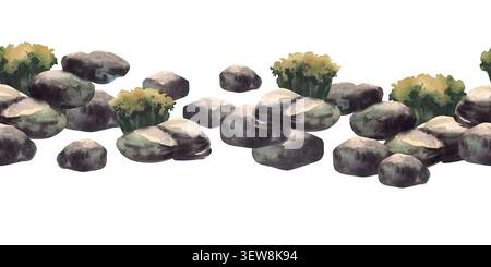 Steine grau glatt oder asiatisch verstreute Kieselsteine nahtlose Grenze. Gestapelte Steine, Naturelement gartenlandschaft, handgezeichnete Aquarellillustration Stockfoto