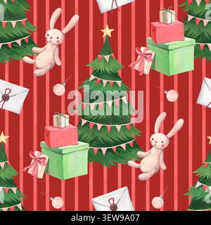 Weihnachtsbaum und Geschenk Aquarell nahtloses Muster Stockfoto