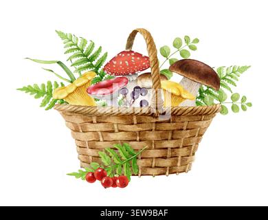 Korb gefüllt mit Waldpilzen, Preiselbeeren, Farnen und Waldpflanzen auf weißem Hintergrund. Handgemalte Herbst-Aquarellillustration Stockfoto