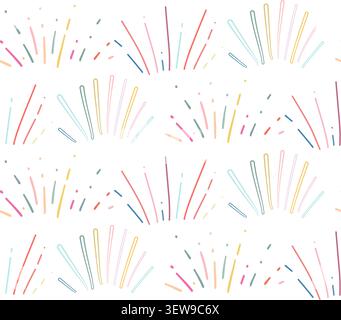 Vektor Hand gezeichnetes Muster mit mehrfarbigen Explosionen auf weißem Hintergrund. Festliche Textur mit Markierungsstrahlen und Feuerwerk zum Einpacken von Papier und Wänden Stock Vektor