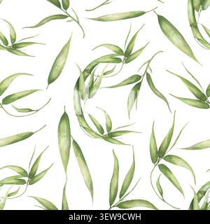 Aquarellgrüner Bambus hinterlässt ein nahtloses Muster, das Flora-Papier wiederholt Stockfoto