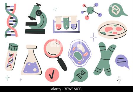 Vektor-Clip-Art-Set zur Darstellung der DNA-Forschung. Sammlung von Illustrationen über wissenschaftliche Forschung und Forschung. Moleküle, Laborgeräte Stock Vektor