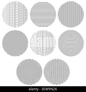 Geometrische Kreisformen, die mit einem Vektor für gewellte und Zickzack-Linienmuster festgelegt sind. Ideal für das Branding von Technologielogos und abstrakte Grafikdesigns. EPS 10. Stock Vektor