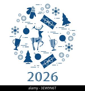 Weihnachten 2026 Design mit Rentieren, Geschenken, Bäumen, Ornamenten, Fäustlingen, und Schneeflocken Hintergrundvektor Stock Vektor