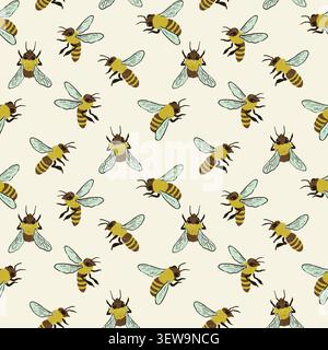 Handgezeichnetes nahtloses Muster mit kreidigen Bienen. Organisches Design mit detaillierten Honigbienen Stock Vektor