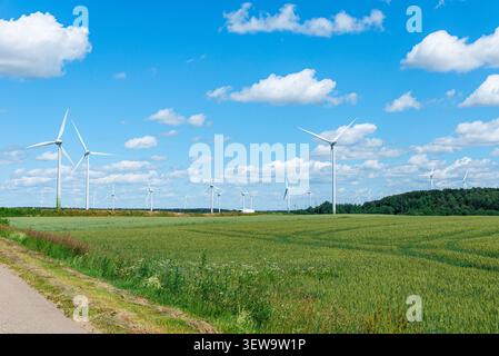 Ländliche Asphaltstraße, die zu einem Umspannwerk und Hochspannungsleitungen führt. Landstraße, die durch landwirtschaftliche Felder führt, in Richtung an i Stockfoto