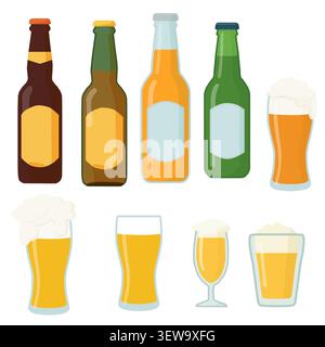 Eine Flasche Bier oder Limonade und ein Glas Schaumgetränk. Vektorabbildung. Ein Set aus Glasflaschen mit Deckeln und Etiketten und isolierten Biergläsern Stock Vektor
