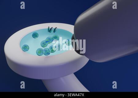 Hochmoderne 3D-Nahaufnahme eines weißen Hochglanzmikroskops mit leuchtenden Cyan-Bakterien. Trendiges Sci Fi Pop Art Flatlay für modernes Bildungsdesign. Stockfoto