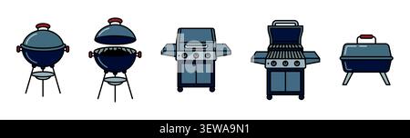 Barbecue Grill Symbol Set mit Holzkohle und Gas BBQ Herd Sammlung Vektor Stock Vektor