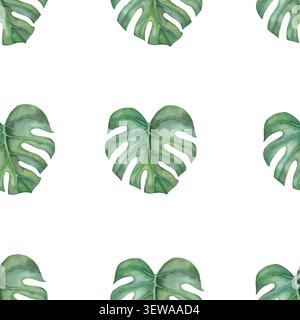 Nahtloses Muster mit Monsterablättern. Tropische Pflanze. Handgemalte botanische Illustration mit Aquarell. Isoliertes Element auf weißem Hintergrund. Zum Einpacken von Papier, Textilien, Schreibwaren, Sommer-Branding. Stockfoto