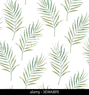 Nahtloses Muster mit Palmenblättern. Tropische Pflanze. Handgemalte botanische Illustration mit Aquarell. Isoliertes Element auf weißem Hintergrund. Zum Einpacken von Papier, Textilien, Schreibwaren, Sommer-Branding. Stockfoto