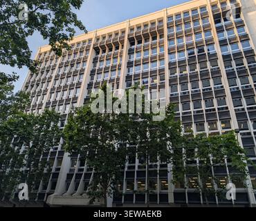 Ein flacher Winkel eines großen, mehrstöckigen modernistischen Bürogebäudes mit einer gitterartigen Betonfassade und Fensterreihen, teilweise von Gree eingerahmt Stockfoto