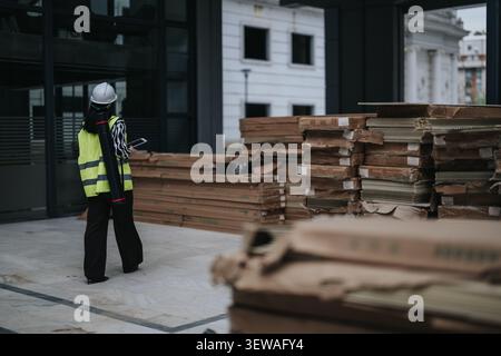 Eine Bauingenieurin inspiziert gestapelte Baumaterialien auf einer Baustelle, während sie Sicherheitsausrüstung trägt Stockfoto