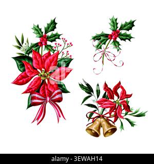 Weihnachtsblumen-Elemente-Kollektion mit Botanik-Bändern der Weihnachtsblumen-Glocken mit festlichem Arrangement-Design Stock Vektor