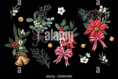 Weihnachtsblumen-Elemente-Kollektion mit Botanik-Bändern der Weihnachtsblumen-Glocken mit festlichem Arrangement-Design Stock Vektor