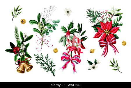 Weihnachtsblumen-Elemente-Kollektion mit Botanik-Bändern der Weihnachtsblumen-Glocken mit festlichem Arrangement-Design Stock Vektor