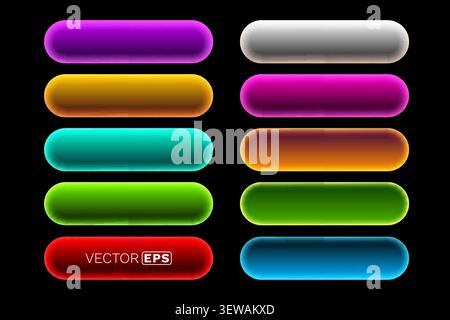 Leuchtendes Set aus glänzenden, abgerundeten Vektortasten mit Neonlicht, ideal für Webdesign und App-Schnittstellen. Vektorabbildung. Stock Vektor