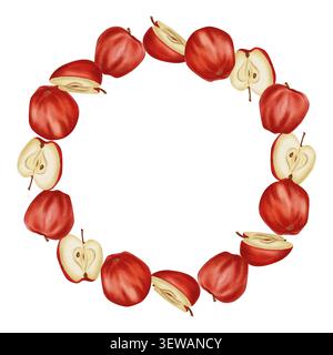 Rote Äpfel und Apfelscheiben in einem symmetrischen kreisförmigen Kranzmuster auf einem klaren und schlichten, lebendigen Farbton und Textur. Stockfoto