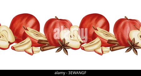 Ein nahtloses Aquarellmuster mit hellroten Äpfeln, Sternanis und Zimtstäbchen, die kunstvoll in einem horizontalen Design angeordnet sind. Stockfoto