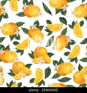 Ein lebendiges, nahtloses Muster mit Aquarellabbildungen von geschnittenen Orangen und Blumen gepaart mit grünen Blättern. Stockfoto