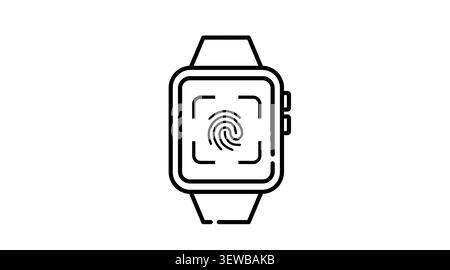 Smartwatch mit Fingerabdruck-Symbol: Tragbare Smart-Uhr mit biometrischem Touch ID-Sicherheitssymbol auf dem Bildschirm, minimalistischer Black Line Art Vector Illus Stock Vektor