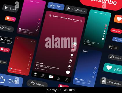 Vorlagensatz für die mobile Benutzeroberfläche sozialer Medien für YouTube, Instagram, Facebook und TikTok Content Creator Apps Vektor Stock Vektor