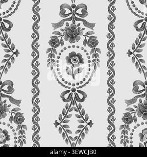 Schwarzes Aquarellmuster mit Blumenmuster und Vintage-Schleifen und Medaillons Stockfoto