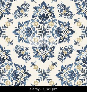 Marineblau und Gold Aquarell Damaskenmuster auf Creme Hintergrund Stockfoto