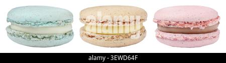Leckere Macaron-Kekse isoliert auf weiß, Set Stockfoto