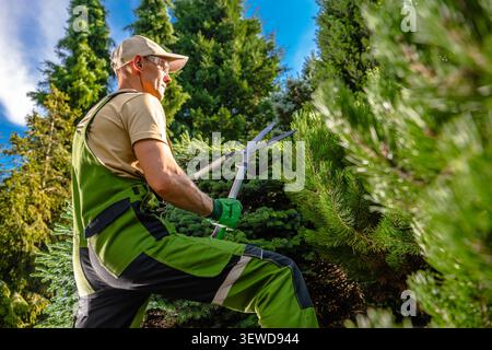 Ein Gärtner verwendet eine Gartenschere, um Büsche und kleine Bäume in einem grünen Bereich zu Formen. Die Sonne scheint, der Himmel ist klar, was eine helle Szene schafft. Stockfoto
