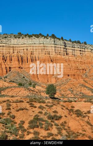 Rote Sandsteinklippen in der spanischen Provinz Teruel. Stockfoto