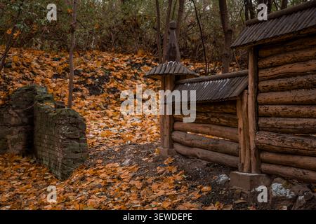 Eine alte Ziegelstruktur und ein verwitterter Holzzaun stehen in einer Waldlandschaft, die mit herabfallenden Herbstblättern bedeckt ist Stockfoto