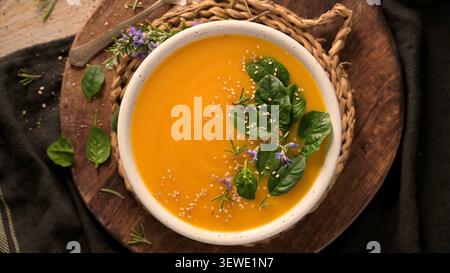 Ein Blick von oben auf eine Schüssel mit glatter, goldener Kürbissuppe, garniert mit frischen Spinatblättern, Sesamsamen und Rosmarinblüten, serviert auf einem rustikalen W Stockfoto