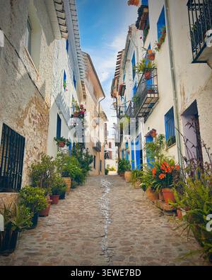 Eine enge Kopfsteinpflasterstraße in der Altstadt von Peñíscola, Spanien, gesäumt von weiß getünchten Gebäuden, blauen Türen und blumengefüllten Balkonen. Stockfoto