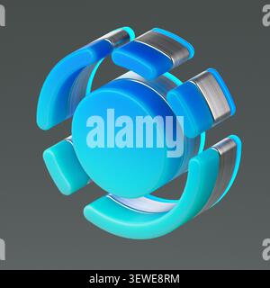 3D-Rendering eines abstrakten technologischen Kern- oder Schnittstellenelements. Die glänzenden blauen und metallischen silbernen Komponenten deuten auf High-Tech-Technik und inn hin Stockfoto