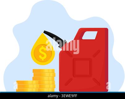 Eine Illustration eines roten Kraftstoffkanisters, der flüssige Goldmünzen ausgießt, symbolisiert hohe Energiekosten und steigende Gaspreise. Stock Vektor