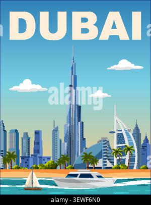 Flache Vektorillustration der Skyline von Dubai einschließlich berühmter Wolkenkratzer, Palmen und Luxusyachten Stock Vektor