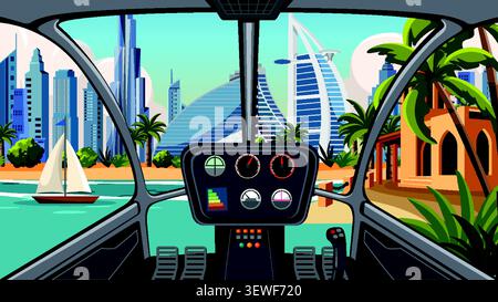 Flache Vektor-Illustration eines Hubschrauberinnenraums mit Blick auf eine tropische Skyline und Küste. Stock Vektor