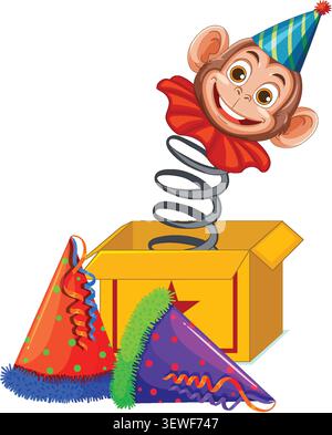 Fröhliche Affe Jack-in-the-Box Vektor Illustration trägt einen Partyhut umgeben von lebendigen festlichen Dekorationen. Stock Vektor